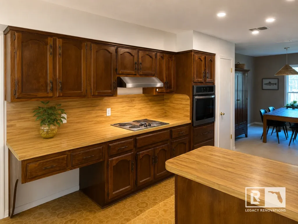 Kitchen before renovation in Jacksonville, FL showing dark oak cabinets, drop-in electric cooktop, laminate countertops, and built-in wall oven.
